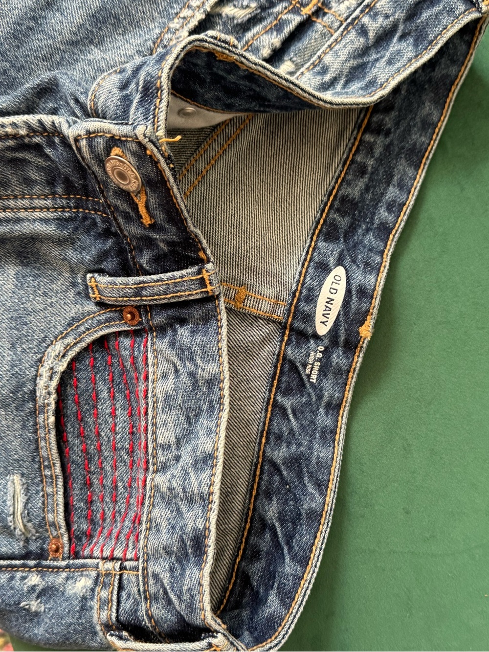Old Navy Blue Distressed Denim Shorts with Red Stitching - Picture 5 of 6
